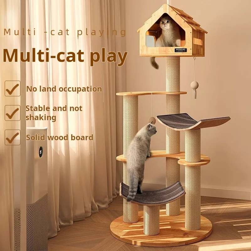 Hot Sale Cat Tree Solid Wood House Wooden Pet Houses & Furniture Cat Tree Tower Forcat Scratch Board With Toys Product