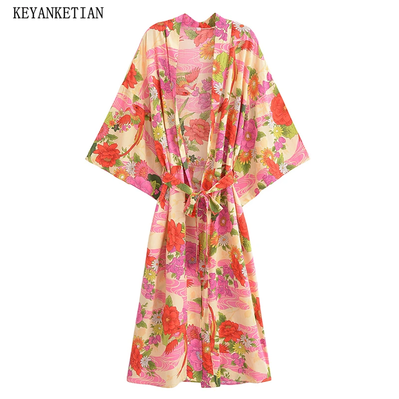 

KEYANKETIAN Новая летняя женская одежда: повседневное кимоно с цветочным принтом и поясом, женский топ с длинными рукавами-крылышками в отпускном стиле, женское пальто