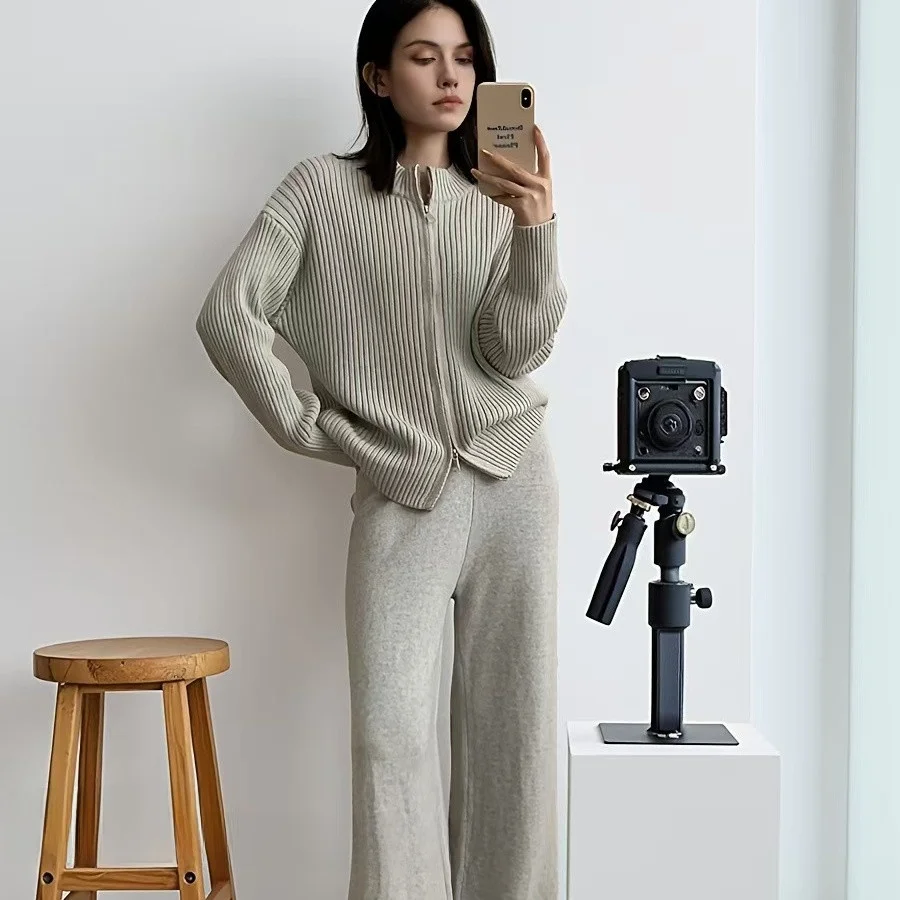 

Faionable Loose Knitted Open Cardigan Sweater And Pants Set Warm Thermal Long Sve Zipper Closure Color Autumn Winter