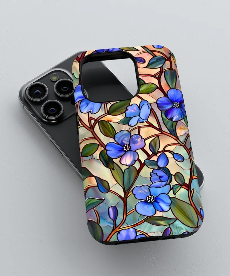 Blue Floral Stained Glass Phone Case For IPHONE 16 15PRO MAX 14 13 12 11 Acrylic TPU Two in one magnetic Phone Cases