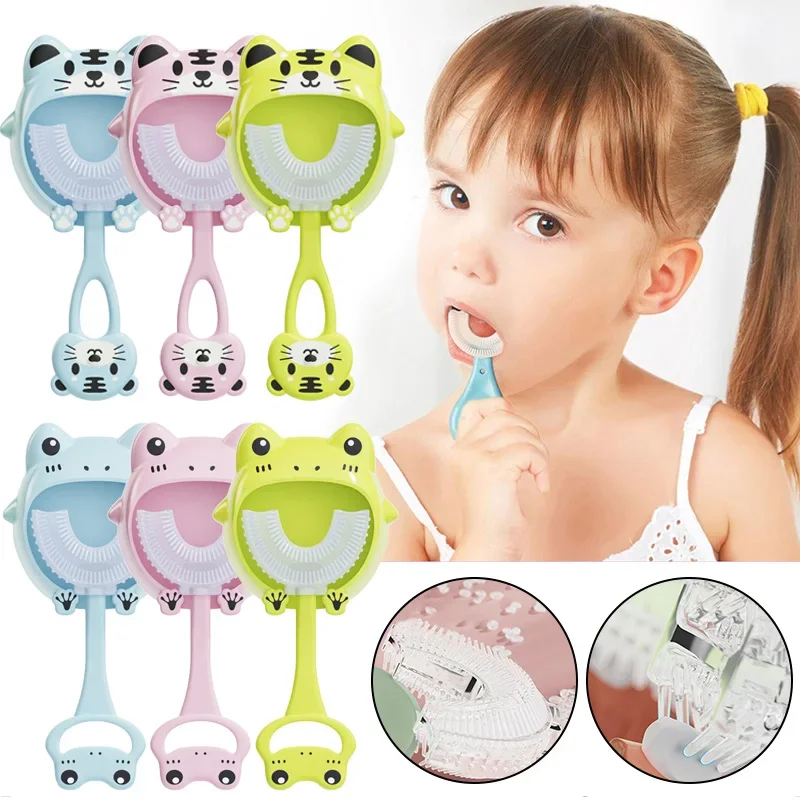 Cepillo de dientes en forma de U para niños, cepillo de dientes de entrenamiento de silicona para bebés, cepillo de limpieza para cuidado bucal de 360 grados, forma de Animal de dibujos animados bonitos