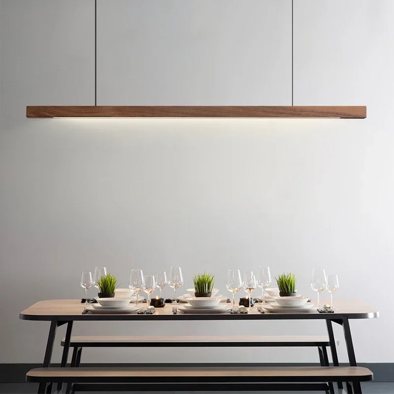 Modern Simple Pendant Light Wooden Long Linear Hanging Lamp For Kitchen Island Lighting Dining Living