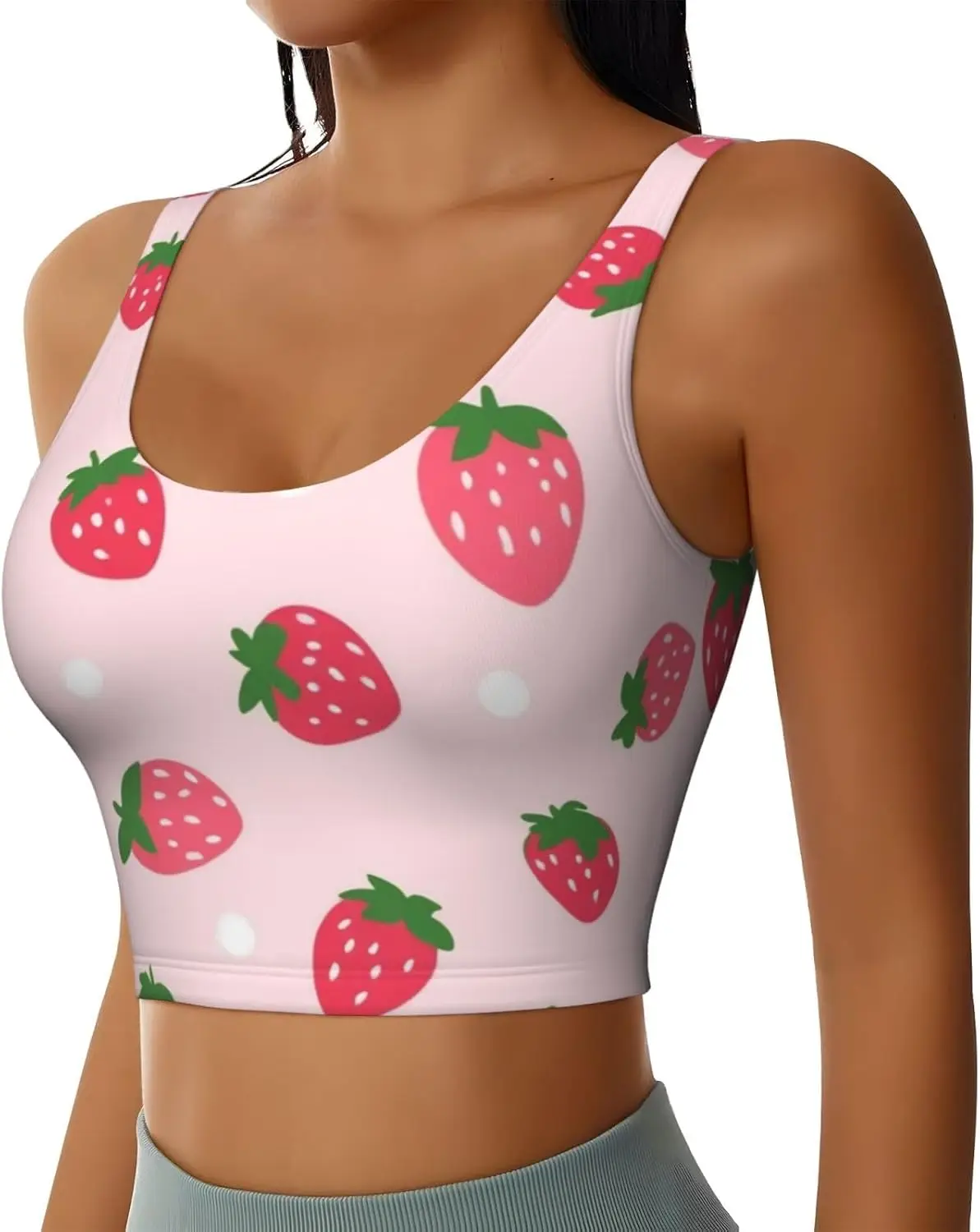 Girly Pink Strawberry Women's Sports Bras Scoop Neck Yoga Bra Crop Tops U Back Exercise Running Tank