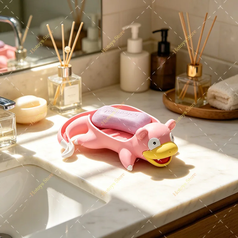Figurine Pokémon Slowpoke, porte-savon avec boîte de drainage, modèle de jouet imprimé en 3D, porte-savon mignon rose, porte-savon Slowpoke de dessin animé, décoration de salle de bain