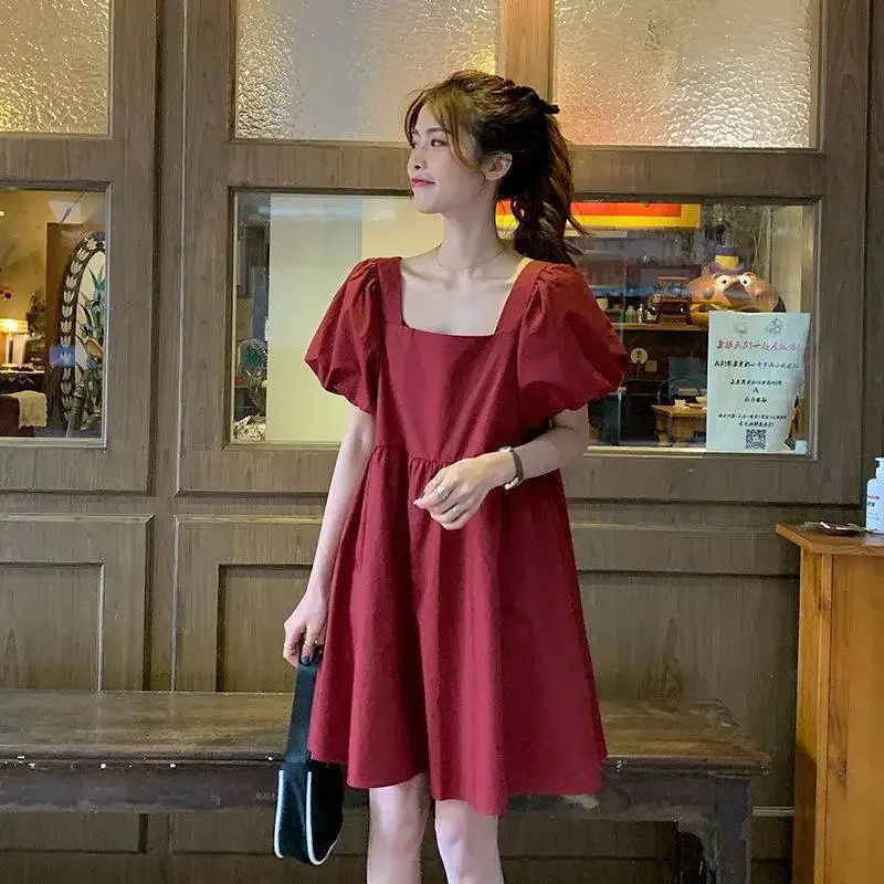 Summer Korean Version Loose Short-sleeved Square Neck Dress Female Loose Internet Celebrity Foreign Style Skirt