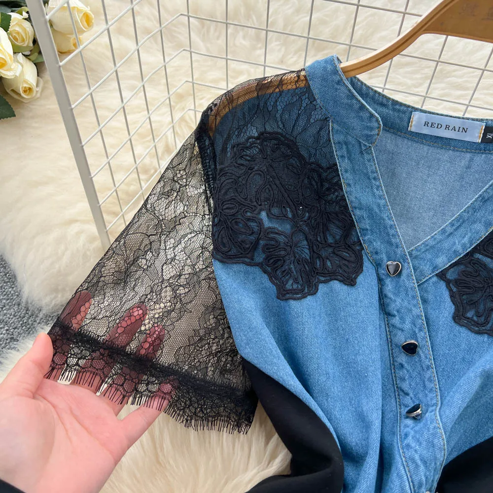 シックなヴィンテージ半袖偽ツーピースレースエレガントな妖精韓国ファッション自由奔放に生きるサンドレス女性服ロングドレス