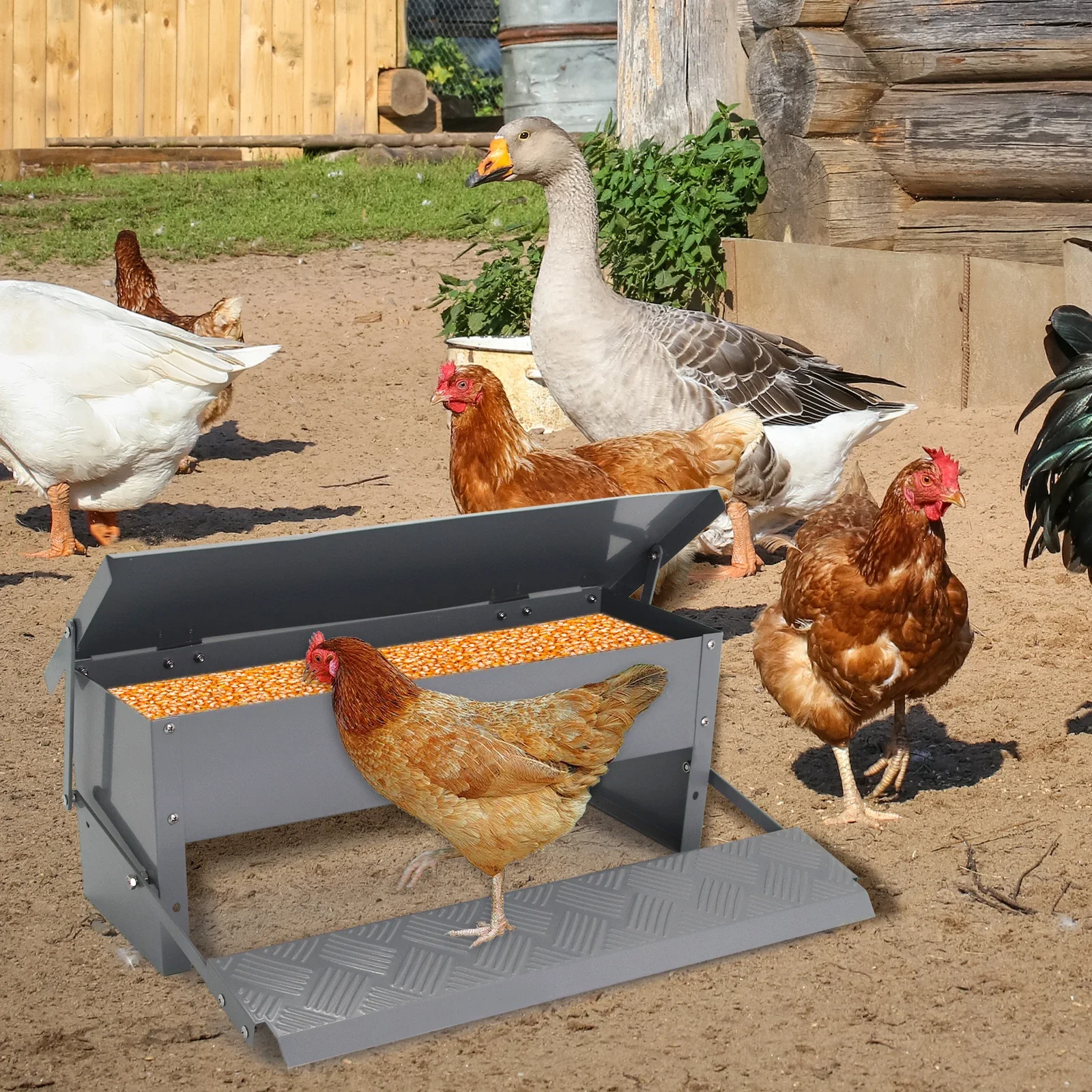 Chicken Feeder Poultry Treadle Iron Spray Paint Trough for Rooster Pheasant Chicken Outdoor Coop Rat Proof with Weatherproof Lid - view 3