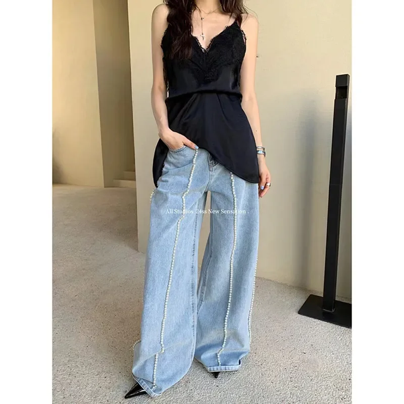 Blue Jeans for Women High Quality High Waist Streetwear Wide Leg Pants 2024 Y2K Vintage Fashion Straight Spring Bagge Trousers