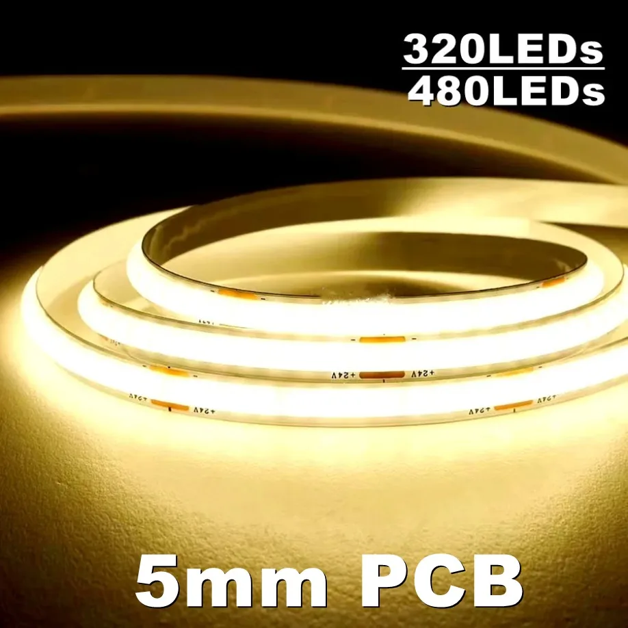 5mm PCB COB LED Strip Light 12V 24V 480LEDs/M ad alta luminosità FCOB flessibile LED Bar Tape Ribbon lineare dimmerabile per la decorazione della stanza