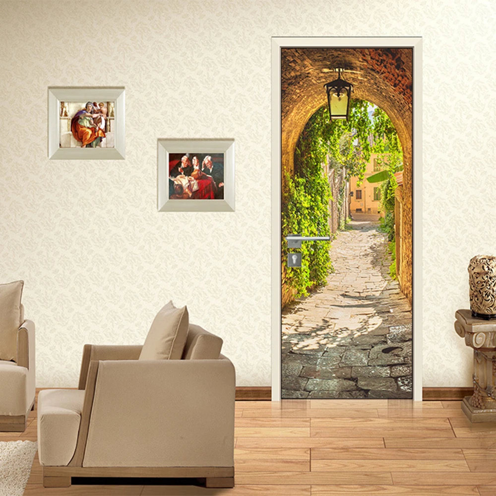 European Vintage Town Arch Stone Slab Alley Door Stickers, Peel & Stick Removable Vinyl Mural, Bedroom Living Room Home Decor