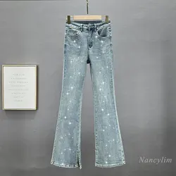 Skinny Jeans for Women 2024 Spring Cloth New High Waist Slimming Heavy Embroidery Hot Drilling Denim Pants Long Trousers