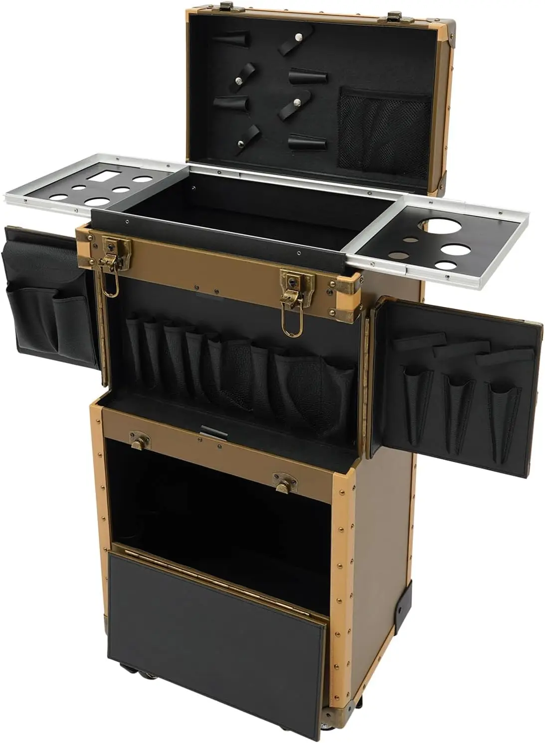 Hairdressing Case 44Lbs Lockable Rolling Makeup Train Case Trolley Cosmetic Travel Organizer Dual Password Locks Adjustable Divi
