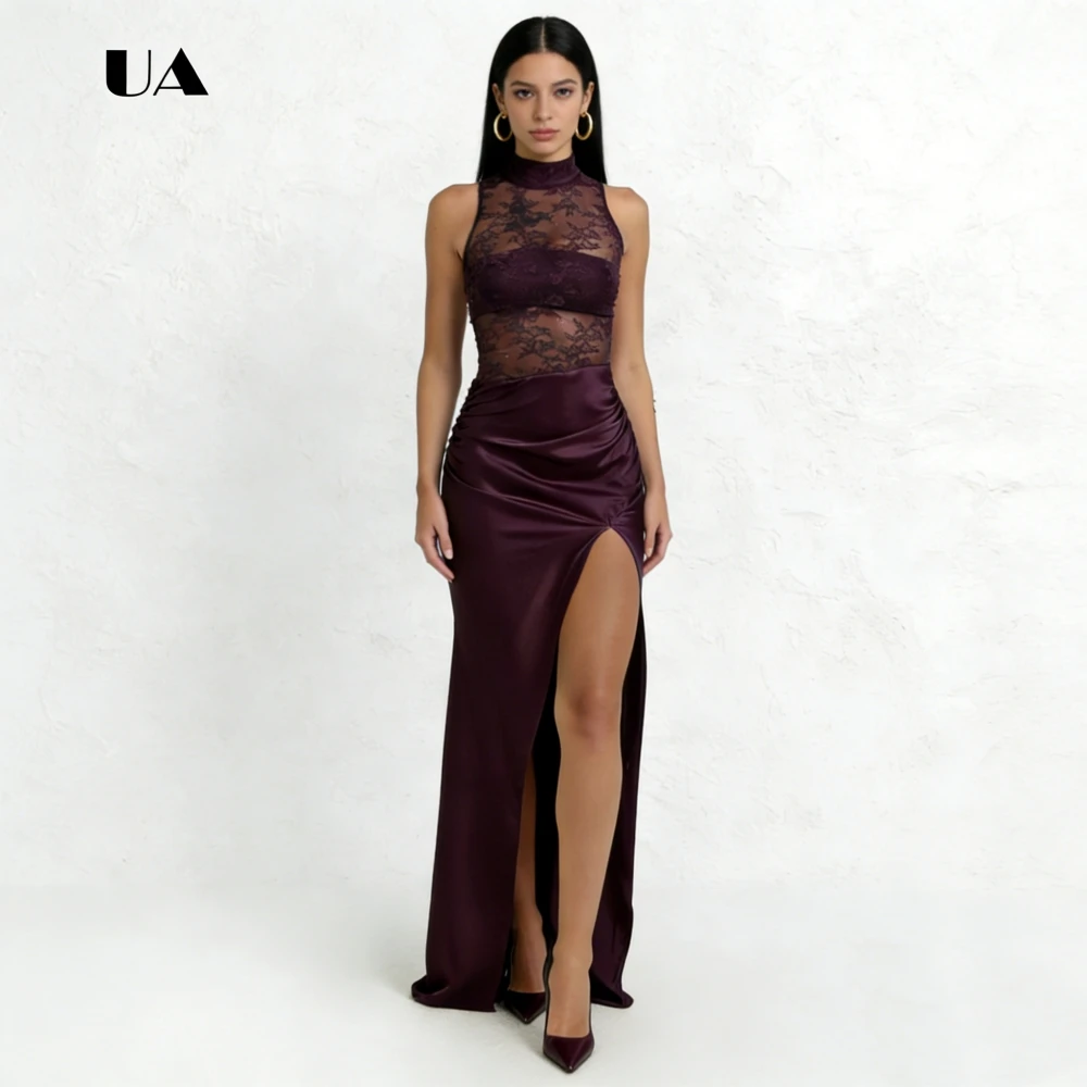 

ULBYANRY Satin Sheath Prom Dress with Turtleneck Solid Lace Sleeveless Draped Evening Dress for Woman Slit Customized Party Gown