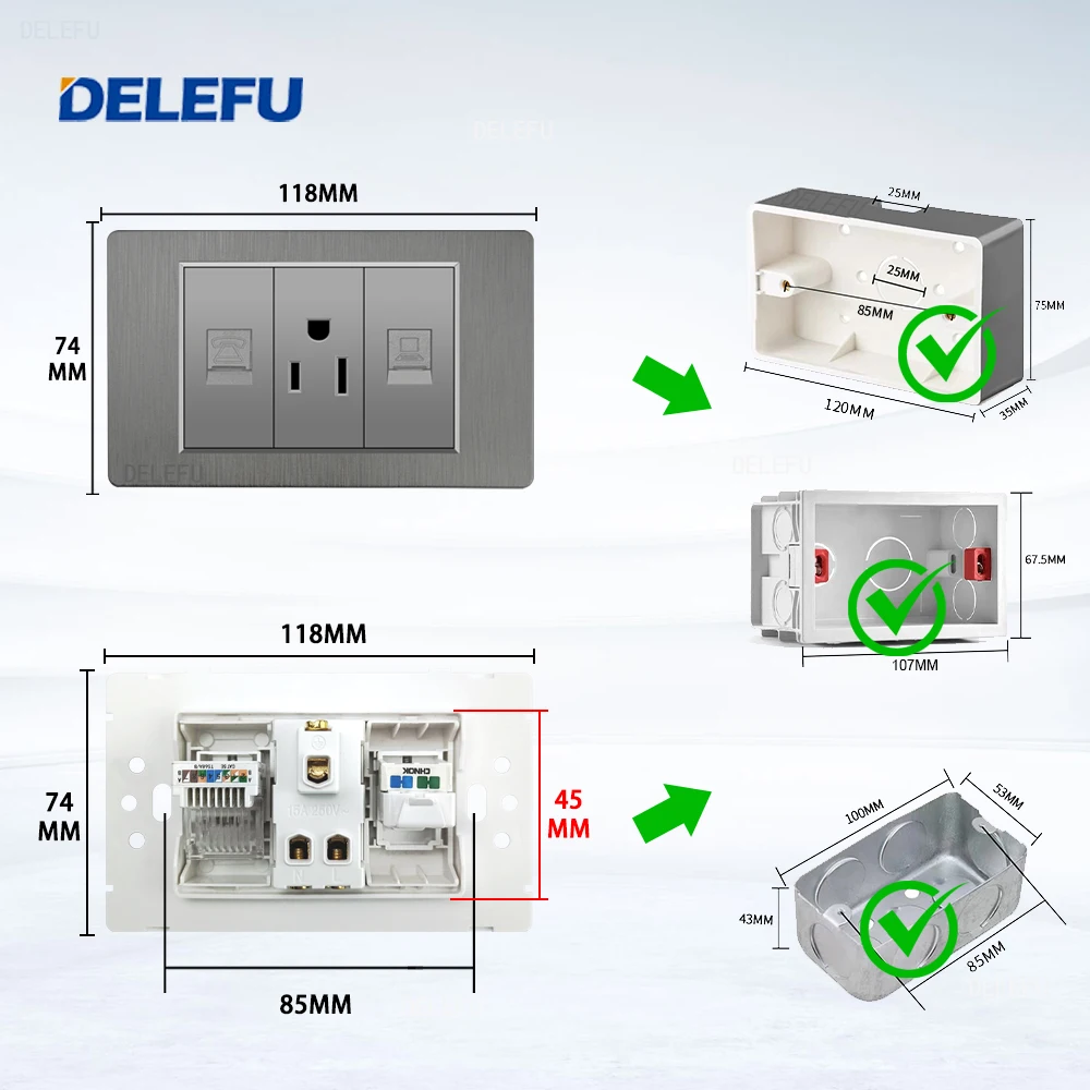 DELEFU Grey PC brushed panel American Standard series 118*74mm wall computer combination socket switch