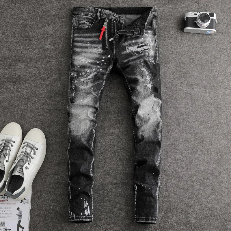 Street Fashion Men's Jeans, High-Quality Stretch Slim Fit, Painted Ripple Black Gray Jeans, Hip-Hop Brand Products, Designer Pan
