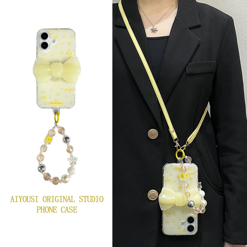 

Легкая роскошная желтая подставка с цветочным бантом для Apple 14promax, чехол для телефона iPhone 16pro, ручная цепочка 15promax, устойчивый к падению 13pro