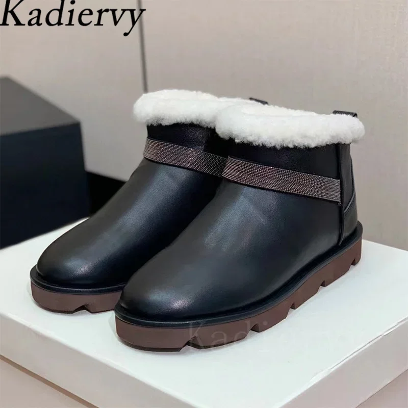 

Winter Snow Boots Woman Round Toe Slip-on Ankle Boots Cow Suede String Bead Flat Shoes Woman Wool Warm Short Boots Women