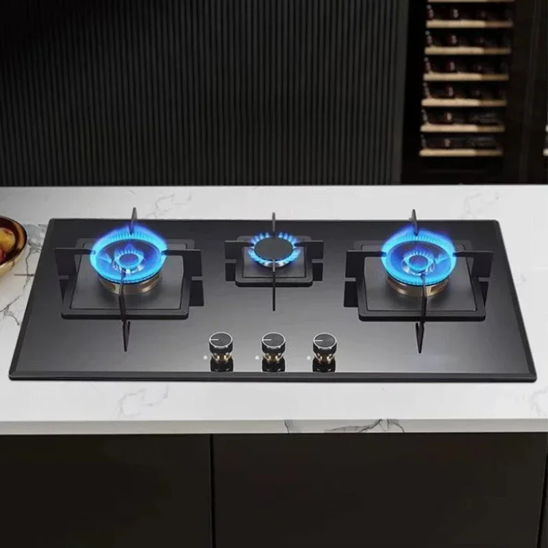 High-performance Household Three-burner Gas Stove: Embedded Desktop Design with Large Panel and Fierce Fire for Kitchen