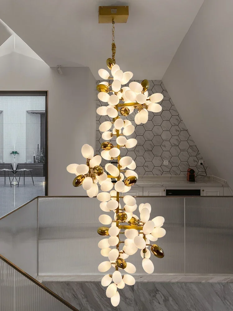 Post-modern light luxury all copper glass chandelier duplex staircase magic bean lamp French living room dining room chandelier