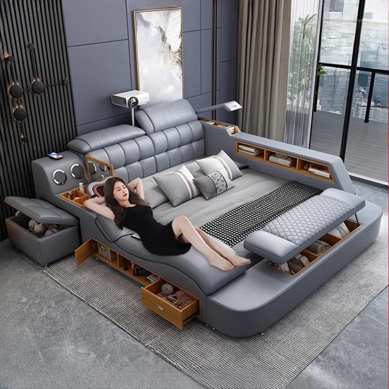 

Multi functional bed tatami projectior massage chair headboards frame storage Double bed luxury queen bedroom furniture