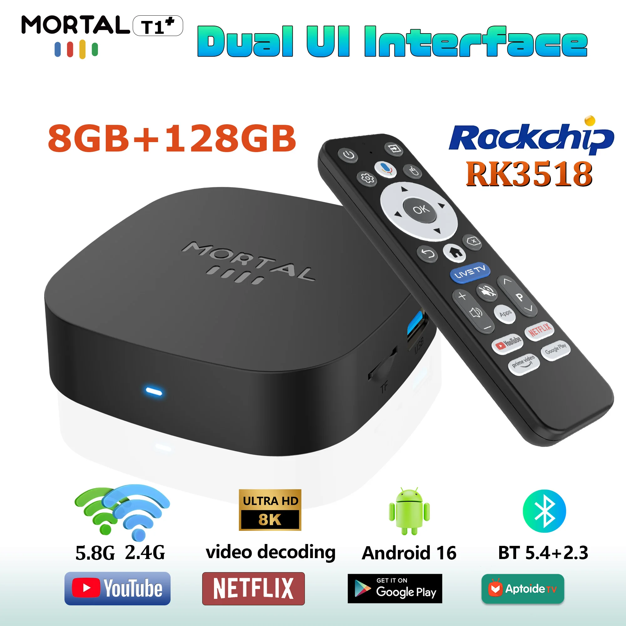 صندوق تلفاز Mortal Android 16 T1+ سعة 128 جيجابايت مع جهاز تحكم صوتي 4K وWiFi6 وHDR 10 وBT5.0 وألعاب RockChip 3518 وNETFLIX وصندوق مشغل الوسائط الذكي السريع