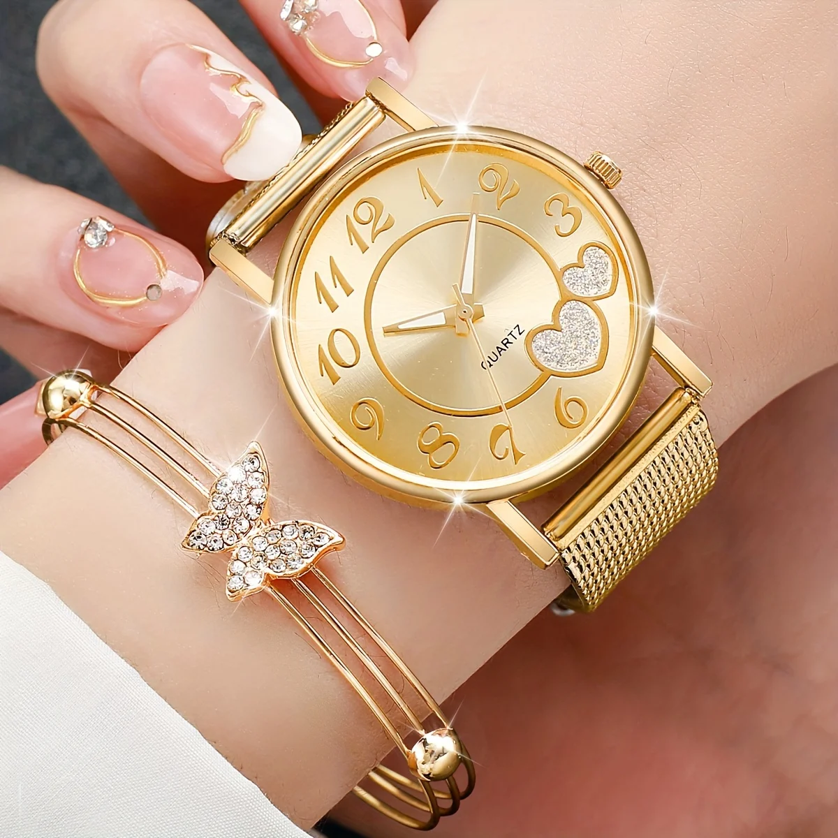 6PCS/Set Fashion Heart Women\'s Watch Plastic Band Analog Golden Quartz Watches Butterfly Jewelry Set(Without Box)