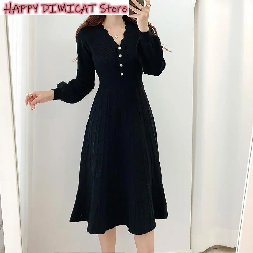 

Woman Dress Autumn Vintage One Piece Korean Pleated Dress Long Sleeve Slim Woman Sweater Dresses Knitted Elegant Midi Party