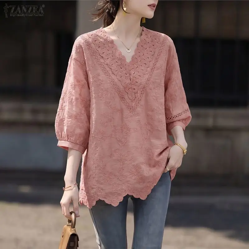 

ZANZEA Women Summer Lace Patchwork Blouse Elegant V Neck 3/4 Sleeve Work Shirt Bohemain Holiday Tops Embroidered Blusas Mujer