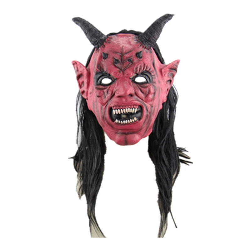 Red Devil Latex Mask Headgear, Wig Mask With Horns Halloween Decoration Demon Face Mask Horror