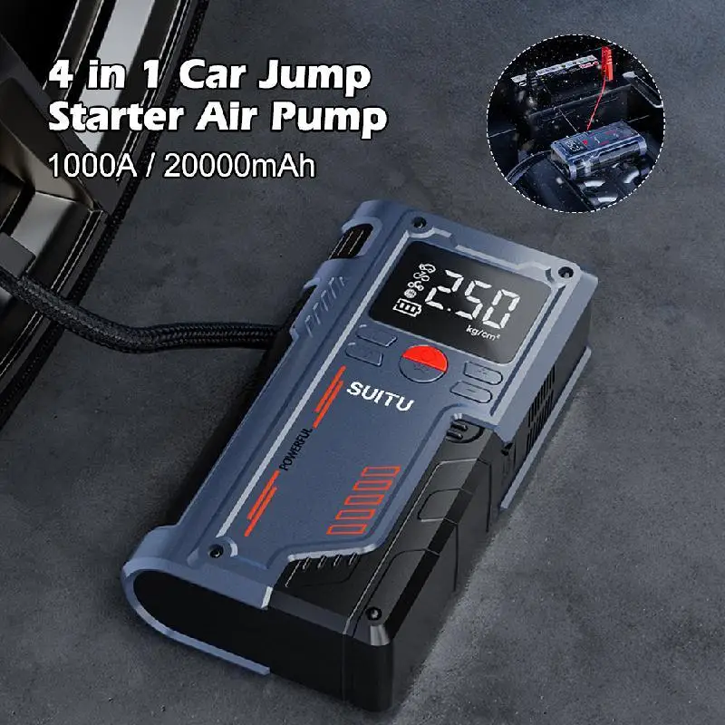 Démarreur de voiture diabétique 4 en 1, compresseur d'air, gonfleur d'opathie, portable, banque d'alimentation 20000mAh, booster de batterie avec lampe de poche LED, pièces de voiture