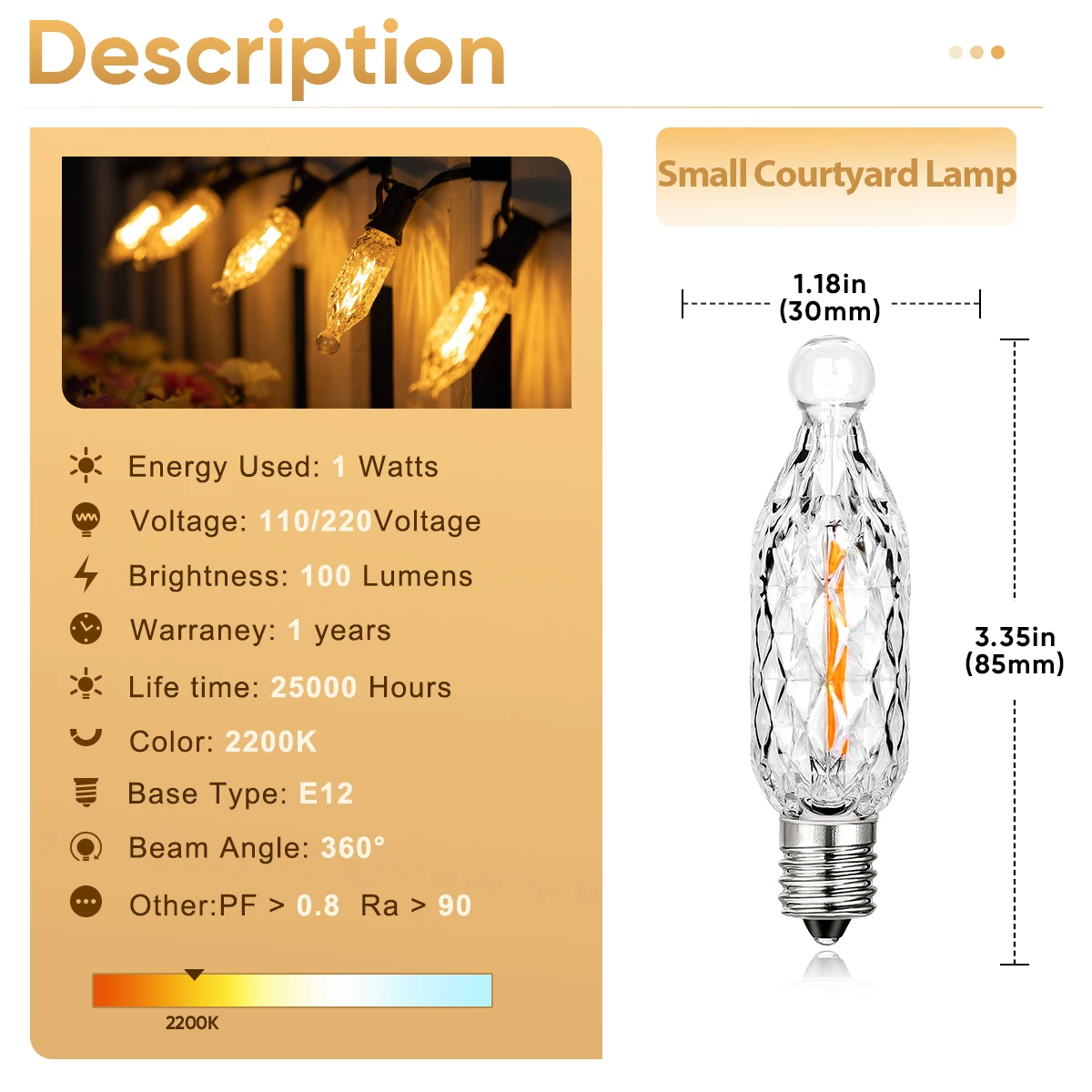 หลอดไฟ LED พลาสติก E12 110V 220V โคมไฟสนามขนาดเล็ก1W ไฟคริสมาสต์วินเทจสีขาวอบอุ่นย้อนยุคตกแต่งปีใหม่