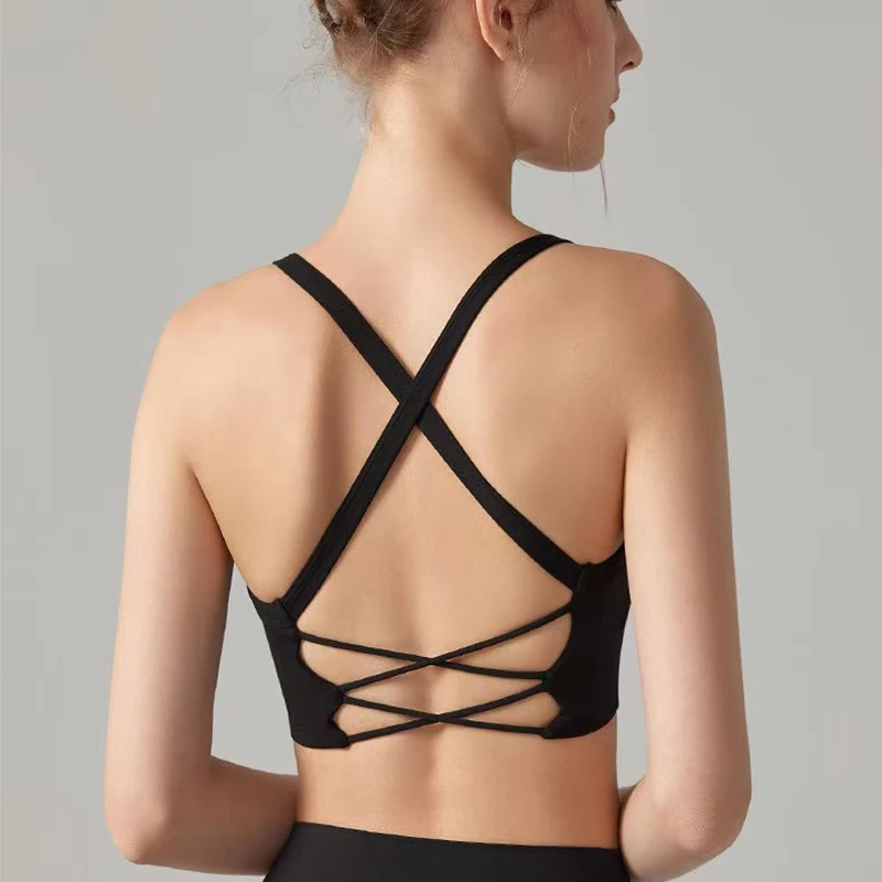 Damen-Yoga-Unterwäsche in Unifarben, Fitness-BH, weiches Sport-Top mit überkreuztem Rücken und Push-up-Effekt, mit Brustpolster, Yoga-Top, Sport-Crop-Top. – Detail 23