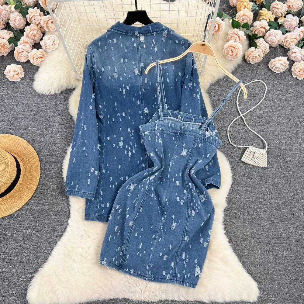 Neploe Sweet Sexy Vintage Denim Set Veste Femme Fresh Korea French Style Sling Mid-length Flash Hong Kong Style Casual Suit Coat