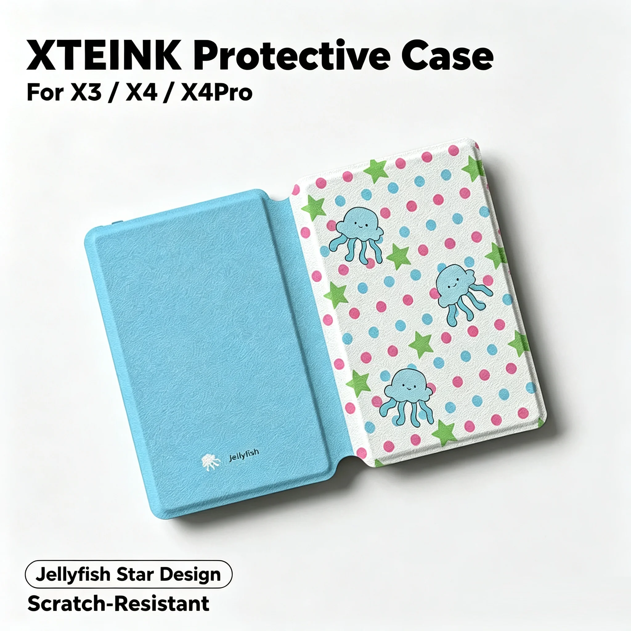 For XTEINK X3 X4 X4Pro E-Reader Polka Dot Jellyfish Magnetic Detachable Protective Case Clear TPU Inner Shell + Flip Folio Cover