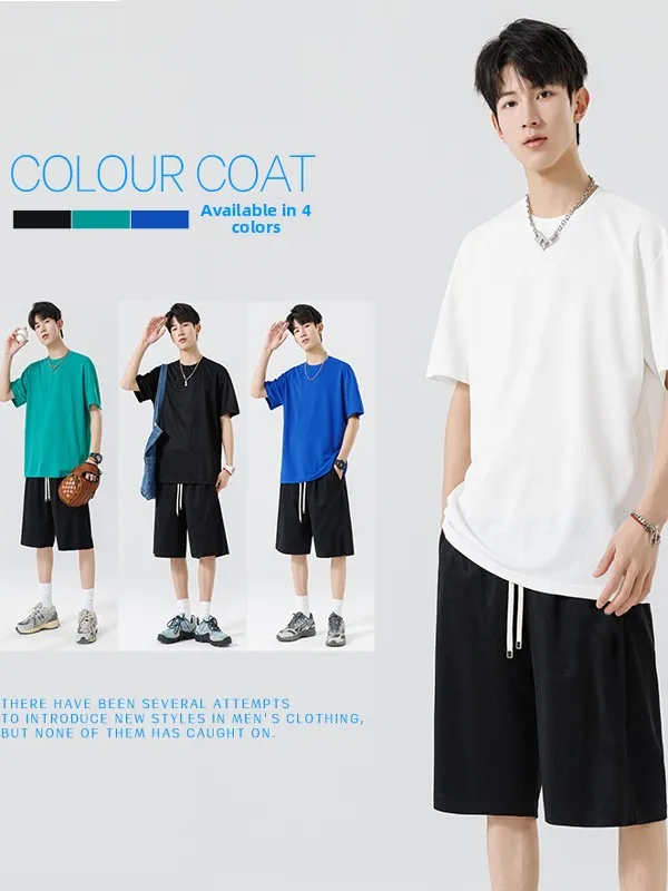 

Мужской спортивный комплект из ледяного шелка, лето 2025: Новая свободная футболка и шорты для мальчиков, универсальный повседневный стиль, полиэстер