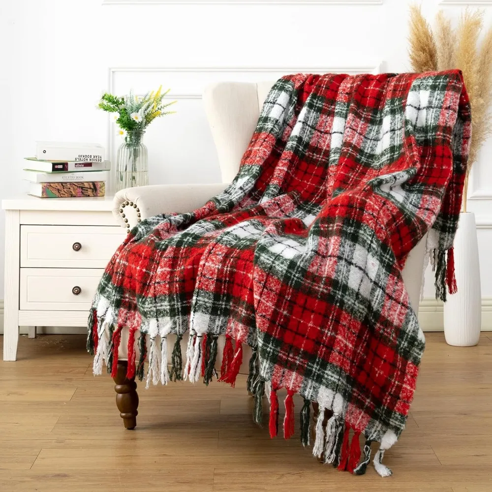 

Luxurious Cashmere Plaid Throw Blanket in Green and Red for Christmas Home Decor, Soft and Cozy for Couch or Sofa