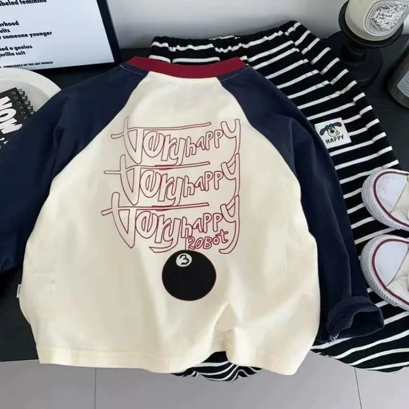 Autumn Thin Long Sleeves Pullover Tops Children Simple Loose Undershirt Boys Cotton Fashion Patchwork Letter Bottoming T-Shirts