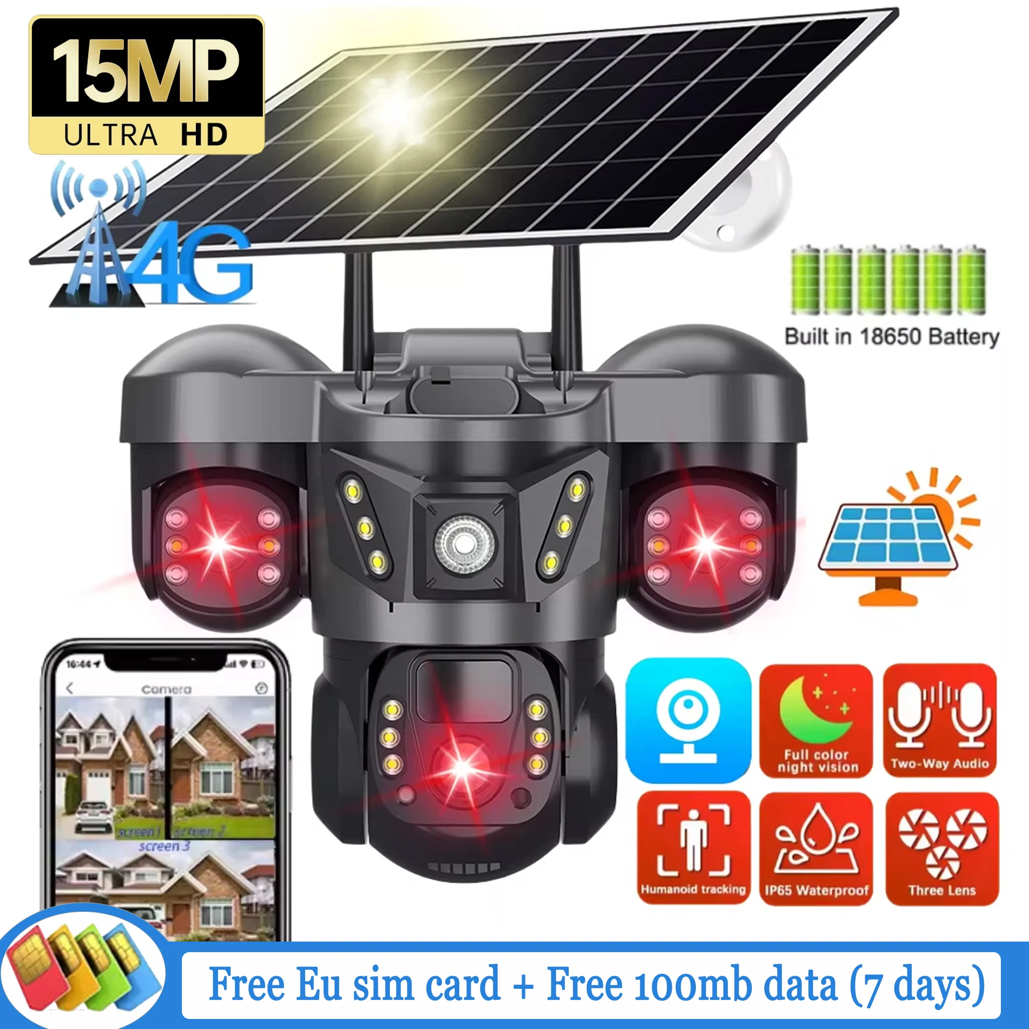 

15MP Three Lens Solar 4G PTZ Camera Outdoor PIR AI Human Detection Video Security IP Network Cameras Battery Surveillance CCTV