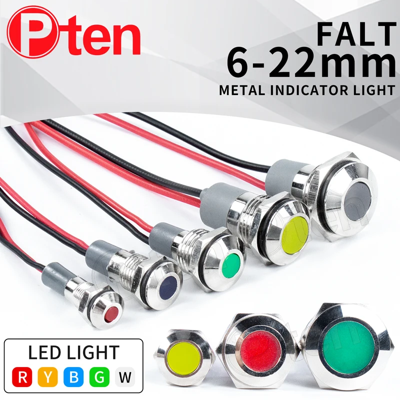 Luz indicadora de advertencia LED plana de Metal, lámpara de señal, cable piloto, 3-6, 12-24, 220V de potencia, impermeable IP65, 6mm, 8mm, 10mm,