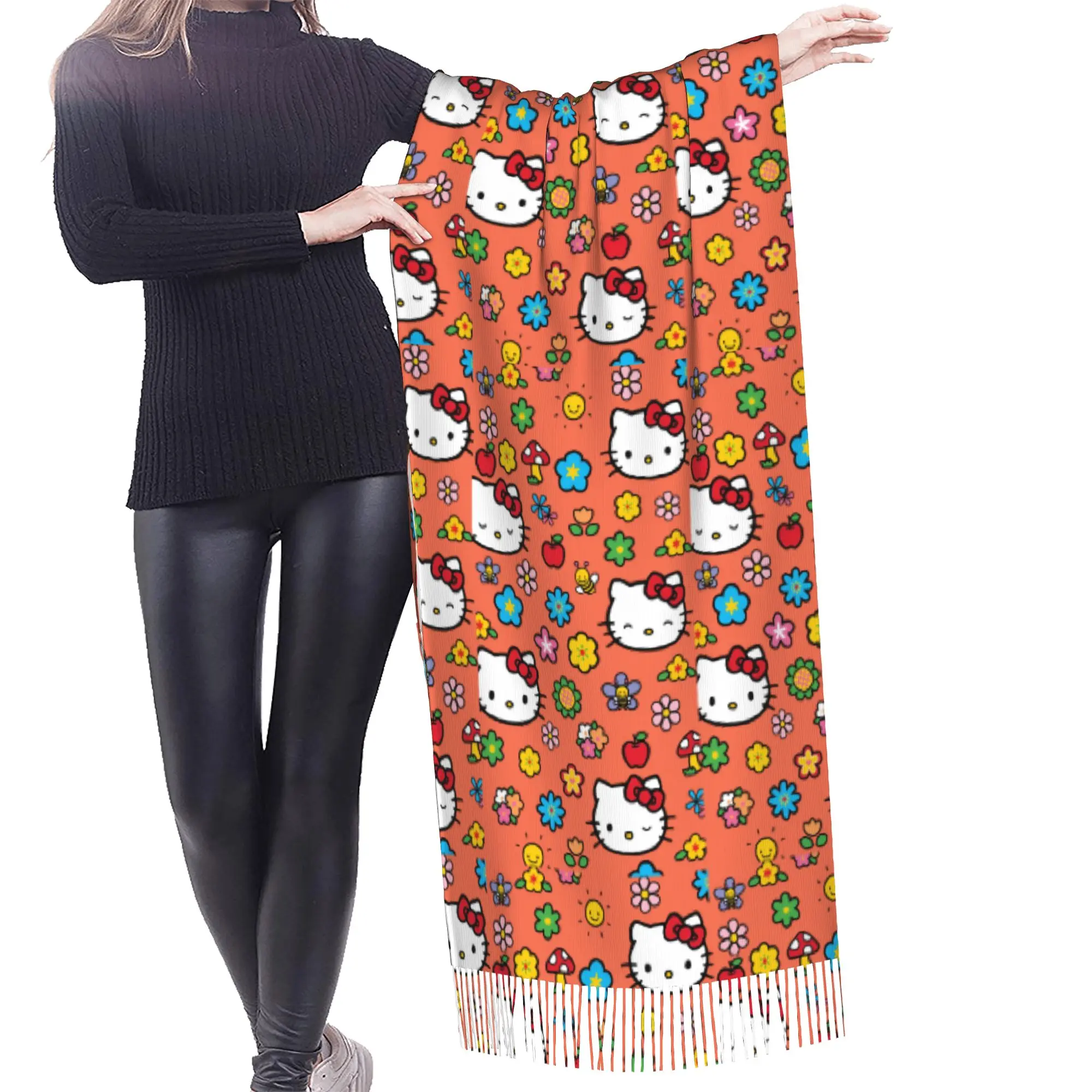 Custom Kitten Cat Cartoon Scarf Wrap for Women Long Winter Warm Tassel Shawl Unisex Anime Scarves