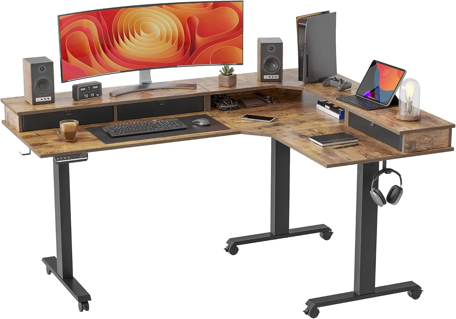 Fezibo L Shaped Standing Desk With Drawers, Exclusive Upgraded 3 Motors Support 330Lbs, Electric Height Adjustable L Standing