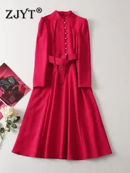 ZJYT Runway Designer autunno abiti da festa donna sera elegante manica lunga colletto alla coreana abiti di lusso Midi Robe con cintura