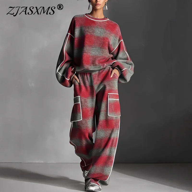 Retro Contrast Plaid Print Sportswear Set Woman Casual O Neck Top Sweatshirt+Wide Leg Pants Outfit Autumn Long Sleeve 2pcs Suits