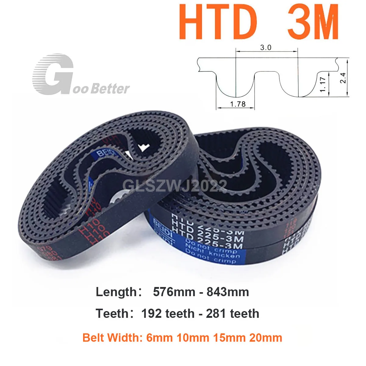 Width 6 10 15 20mm HTD 3M Rubber Timing Belt Length 576mm - 843mm Closed Loop Synchronous Belt Pitch 3mm 192Teeth - 281Teeth