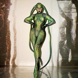 Halloween Party Green Alien Animal Cosplay Costumes Women Novelty Role Full Cover Jumpsuit Show Dancer Stage Performance Outfits