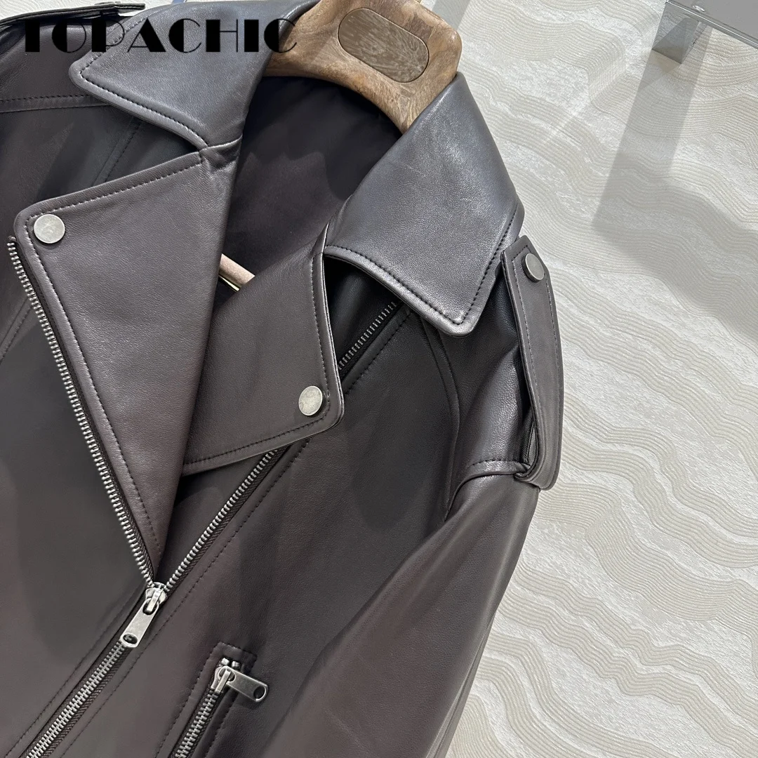 7.30 TOPACHIC-Women\'s Vintage Epaulet Genuine Leather Short Jacket All-matches Turn-down Collar Zipper Sheepskin Outerwear