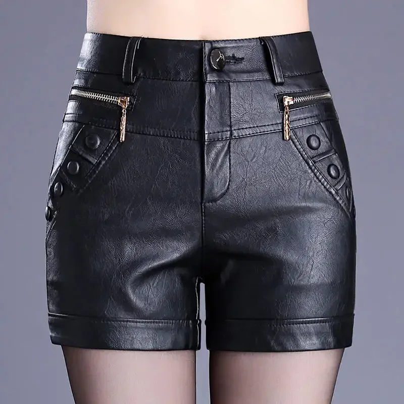 Plus Size 6XL Leather Shorts Women Autumn Winter PU Leather Sexy Shorts Straight Slim High Waist Short Femme Women Shorts C5663