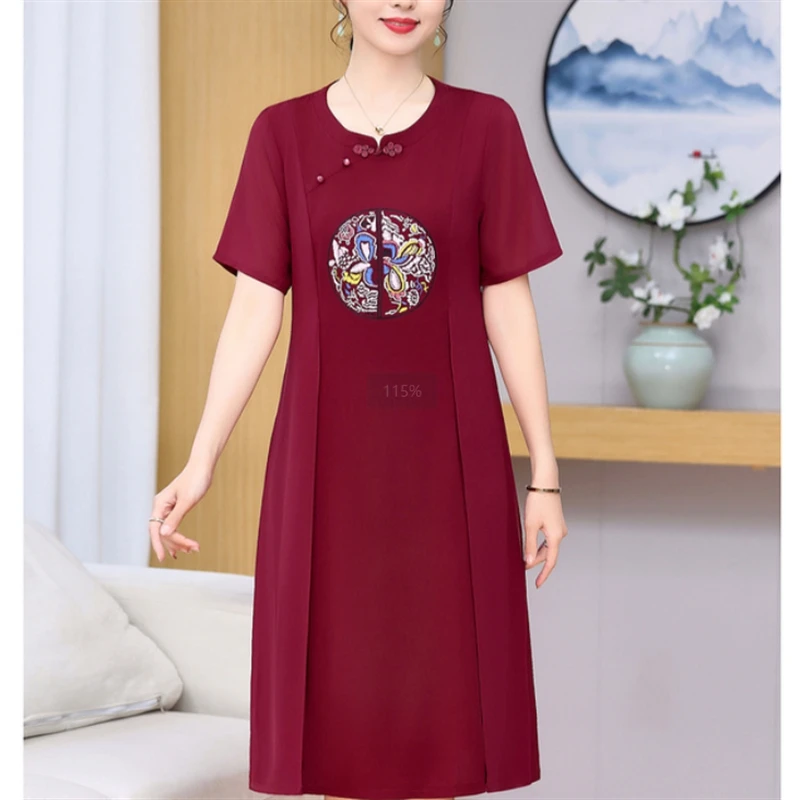 

New Spring Chinese Style Patchwork Chiffon O-neck Short Sleeve Elegant Dress Women Clothes Fashion Embroidered A-line Robe