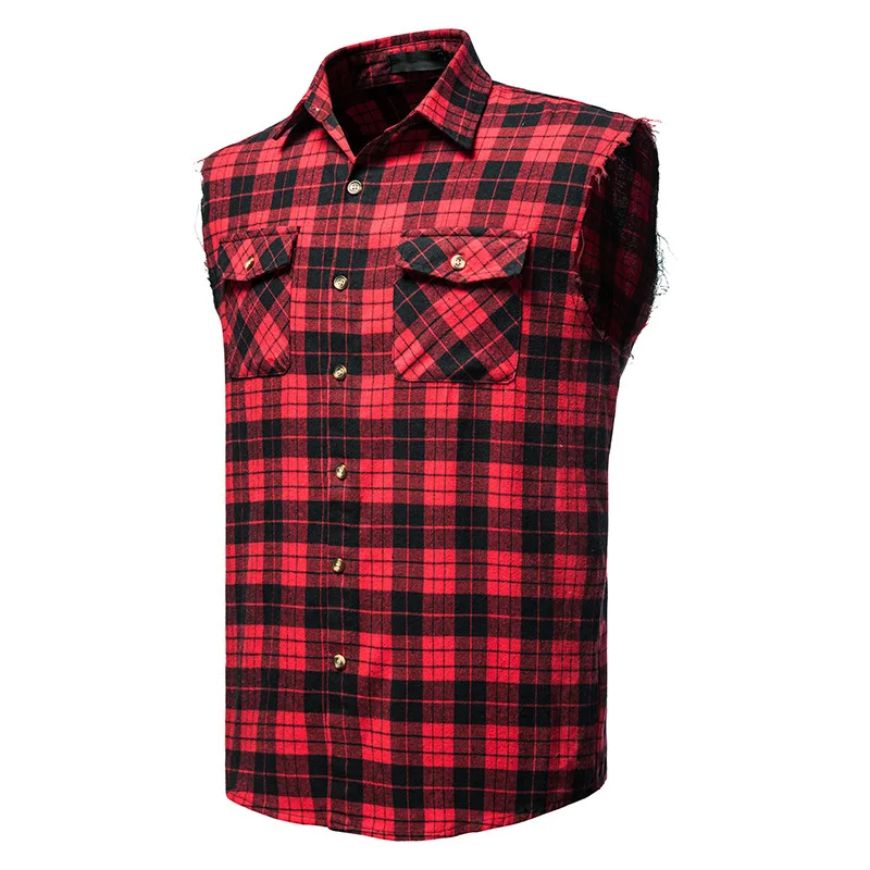 Men\'s Casual Flannel Plaid Sleeveless Shirt New Double Pocket Cowboy Button Down Shirts Men Cotton Plus Size Vest Checkered Top