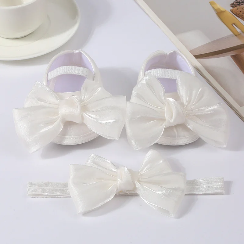 Baby Girls Baptism Shoes and Headband Shiny Bowknot Mary Jane Flats and Hairband Set